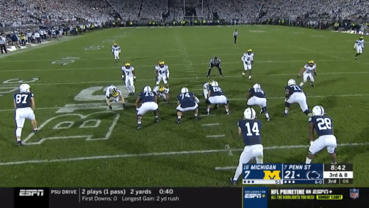 Watch Josh Uche turn and run 50 yards, making a play on the ball.