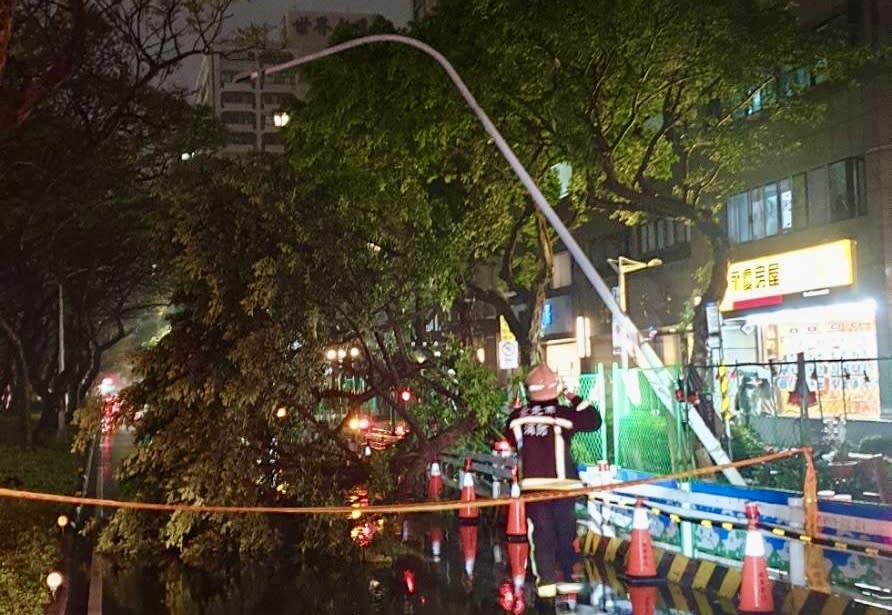 路樹與路燈燈桿均傾斜佔據慢車道。（圖／翻攝畫面）