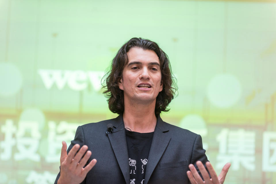 Adam Neumann, chief executive officer of U.S. co-working firm WeWork, speaks during a signing ceremony in Shanghai, China April 12, 2018. Picture taken April 12, 2018. Jackal Pan via REUTERS ATTENTION EDITORS - THIS IMAGE WAS PROVIDED BY A THIRD PARTY. CHINA OUT.