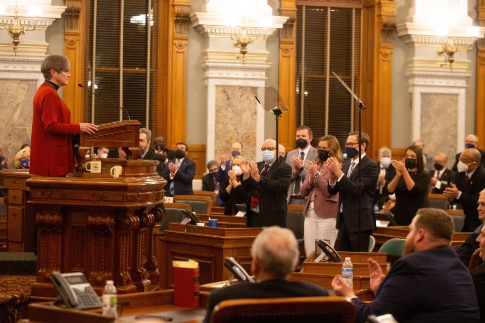 During her speech, Gov. Laura Kelly cautioned lawmakers to use the state's budget surplus prudently, proposing a range of policies she believes will put high tax revenues to good use.