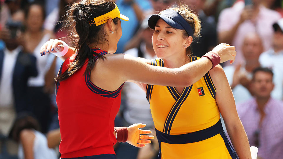 Emma Raducanu, pictured here being congratulated by Belinda Bencic after their quarter-final clash at the US Open.