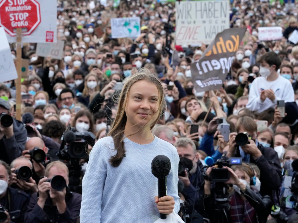 Greta Thunberg addresses a crowd in Berlin (AP)