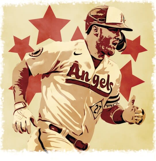 A washed-out photo illustration of Angels star Mike Trout rounding the bases