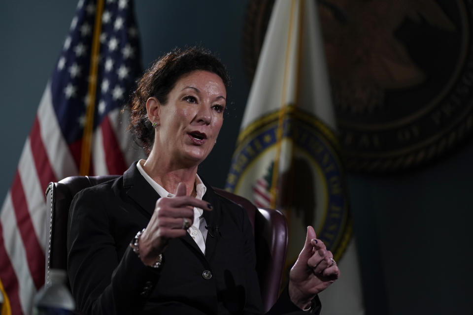 Colette Peters, director of the Federal Bureau of Prisons, speaks during at interview with the Associated Press at Federal Bureau of Prisons headquarters in Washington, Friday, Oct. 24, 2022. (AP Photo/Carolyn Kaster)