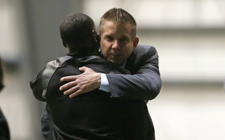 Saints head coach Sean Payton, pictured in April at a Will Smith memorial service, was at court on Saturday offering Smith's widow support. (AP) 