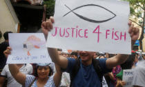 Demonstrators, holding signs, say they are demanding cleaner waters in the central regions after mass fish deaths in recent weeks, in Hanoi, Vietnam May 1, 2016. REUTERS/Kham