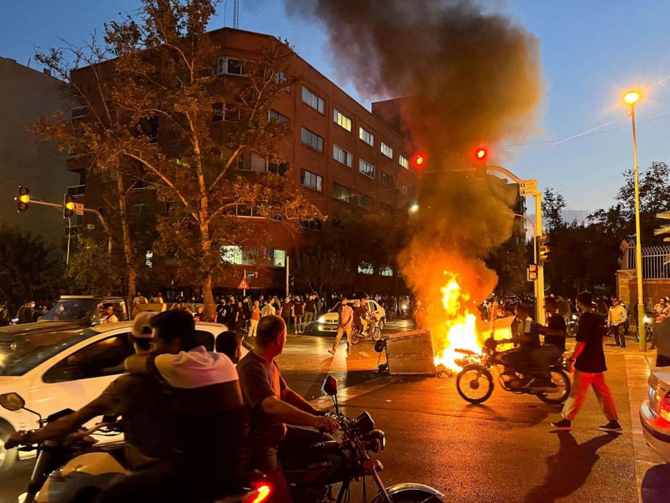 PHOTO: FILE - A police motorcycle burns during a protest over the death of Mahsa Amini, a woman who died after being arrested by the Islamic republic's 'morality police', in Tehran, Iran Sept. 19, 2022. (Reuters)