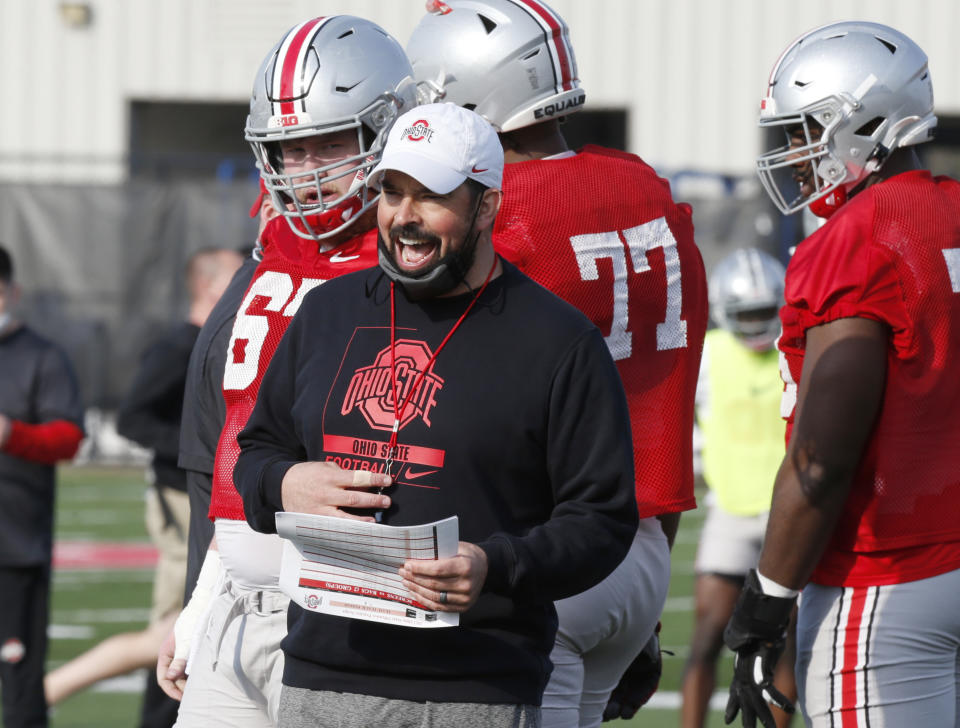 Ohio State coach Ryan Day is seen during a college football practice on April 5, 2021. Day is 23-2 in his first two seasons since taking over for Urban Meyer. (AP)