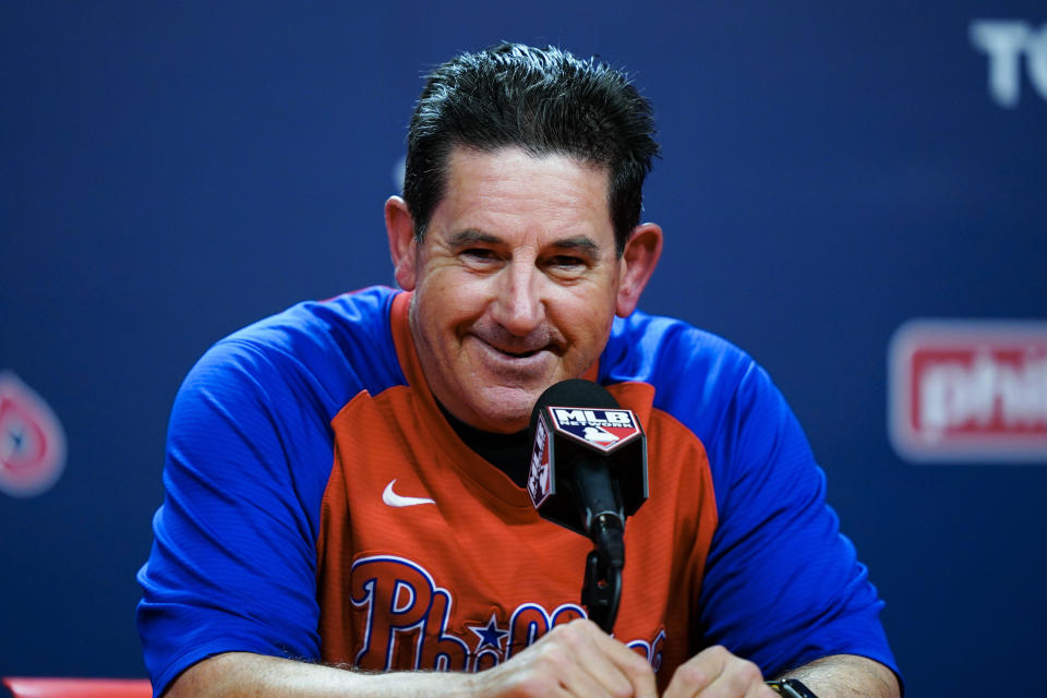 Philadelphia Phillies manager Rob Thomson speaks with members of the media during a baseball news conference, Thursday, Oct. 13, 2022, in Philadelphia, ahead of Game 3 of a National League Division Series against the Atlanta Braves. (AP Photo/Matt Rourke)