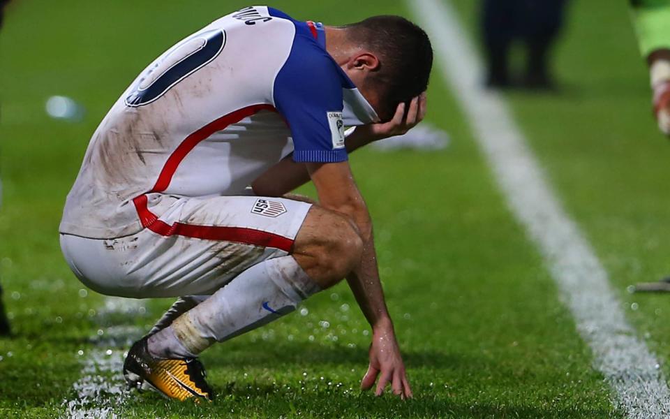 Christian Pulisic reacts after the U.S. team’s stunning loss to Trinidad and Tobago on Tuesday night. (Getty)