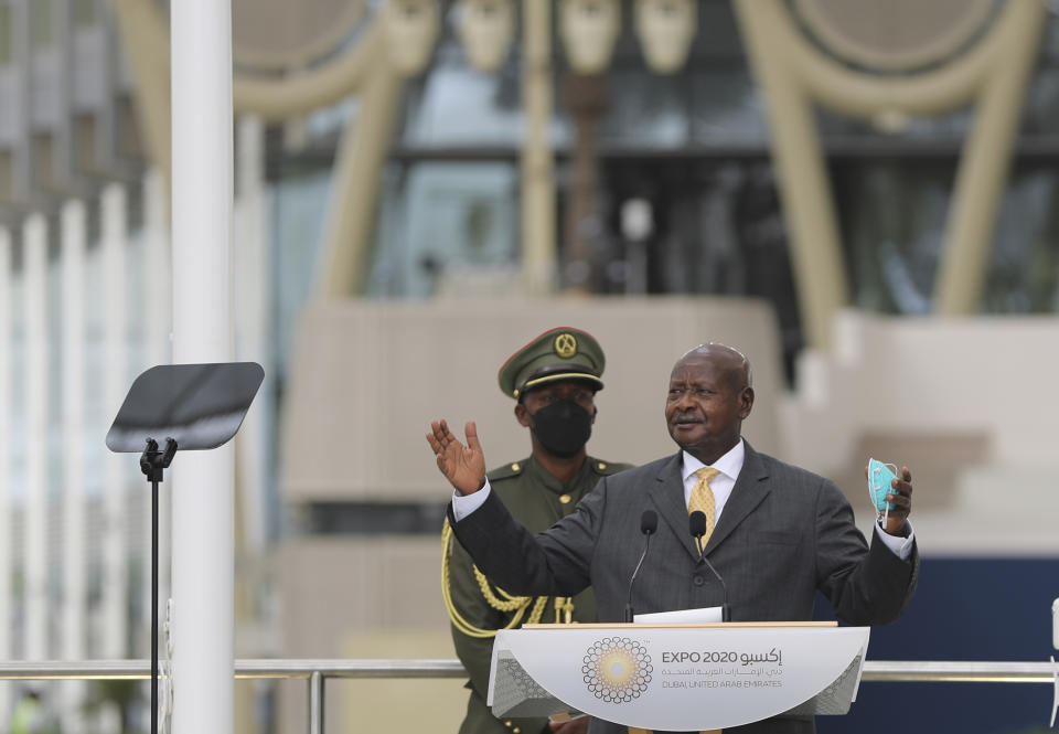 Yoweri Kaguta Museveni, president of Uganda, talks during a ceremony celebrating Uganda National Day at the Dubai Expo 2020 in Dubai, United Arab Emirates, Sunday, Oct. 3, 2021. (AP Photo/Kamran Jebreili)