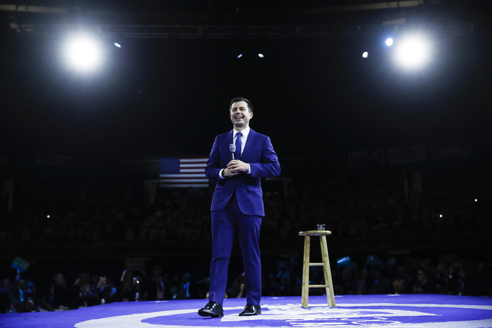 Democratic presidential candidate Pete Buttigieg arrives to speak at the McIntyre-Shaheen 100 Club Dinner on Saturday in Manchester, N.H.