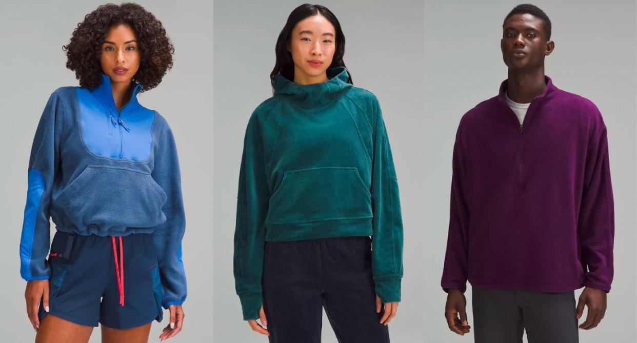 three people wearing Lululemon sweaters on sale