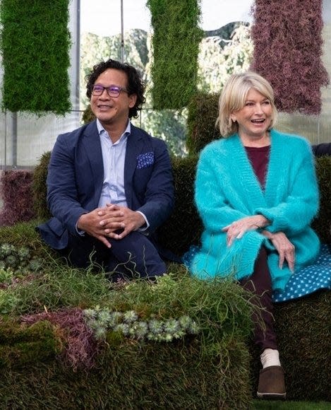 Fernando Wong and Martha Stewart on the set of "Clipped," a reality show on HGTV in which top topiary artists compete to create larger-than-life living sculptures.