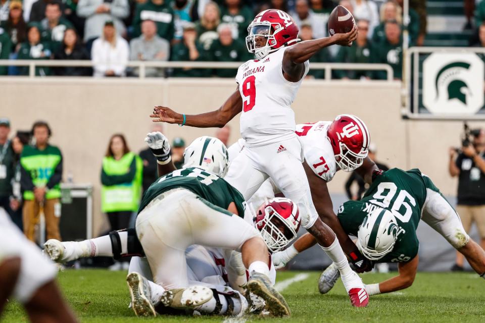 Indiana quarterback Michael Penix Jr. passes against Michigan State during the second half at Spartan Stadium in East Lansing, Saturday, Sept. 28, 2019.