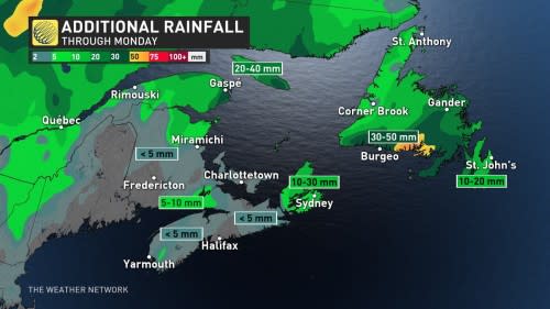 Maritime rain totals through Monday