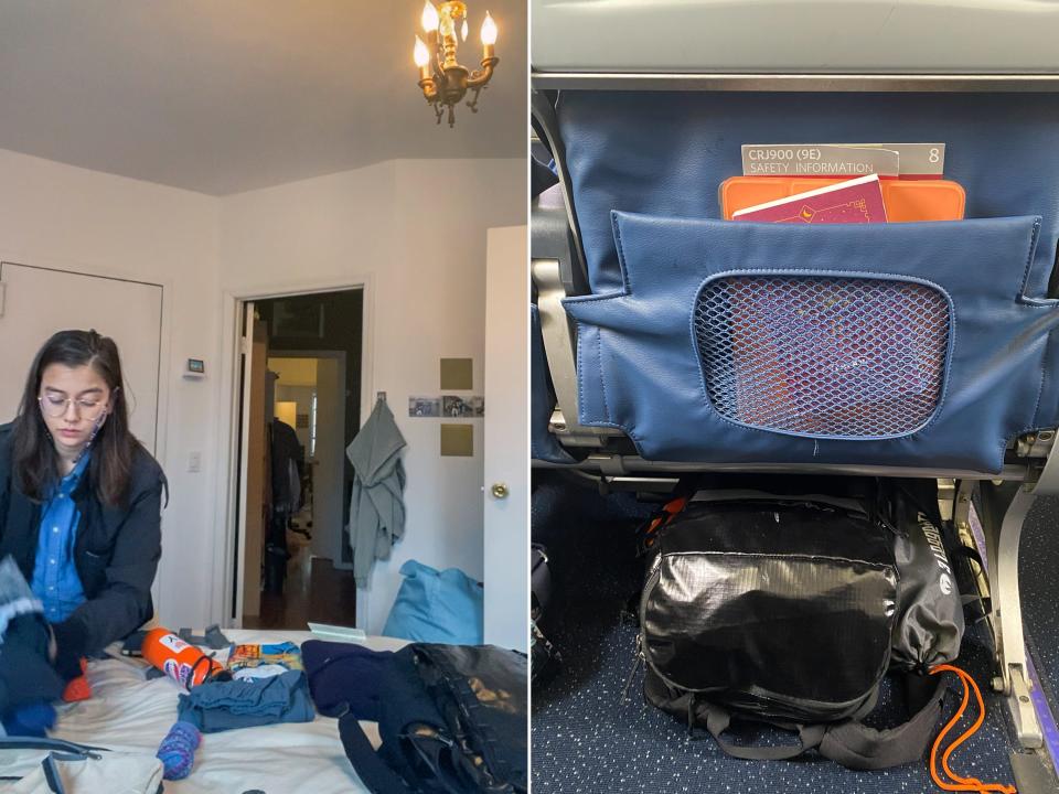 Left image: The author stands on the left side of a white-walled bedroom in a blue shirt and black jacket while packing clothes laid out on the bed in front of her. Right image: The author's black backpack fits underneath a blue, economy plane seat with books in the seat back pocket.