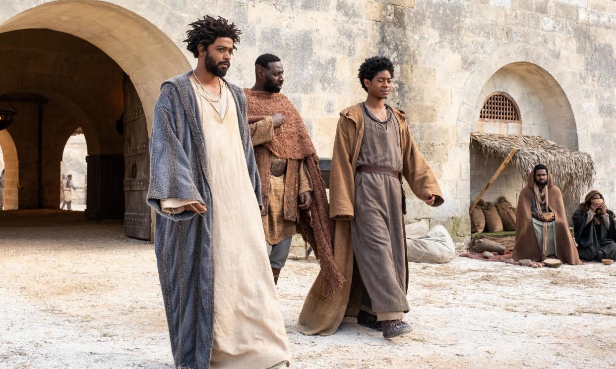 <span>‘The apostles stride through the city to a soundtrack of 70s-style power funk’: LaKeith Stanfield, Omar Sy and RJ Cyler in The Book of Clarence.</span><span>Photograph: Moris Puccio/2023 Legendary Entertainment</span>