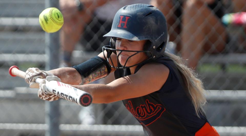 Harrison Raiders Whitney Duell (11) bunts during the IHSAA softball semi state game against the Penn Kingsmen, Saturday, June 3, 2023, at Harrison High School in Wes Lafayette, Ind. Penn won 4-3.