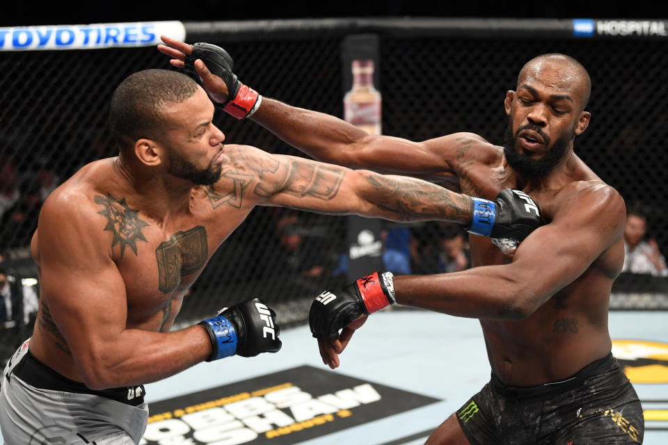 LAS VEGAS, NV - JULY 06: Thiago Silva of Brazil punches Jon Jones in their UFC light heavyweight championship fight during the UFC 239 event at T-Mobile Arena on July 6, 2019 in Las Vegas, Nevada.  (Photo by Josh Hedges/Zuffa LLC/Zuffa LLC)