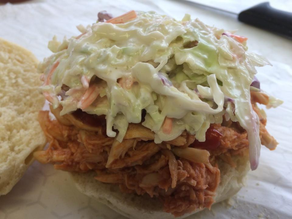 The southern barbecue chicken sandwich is topped with creamy coleslaw.