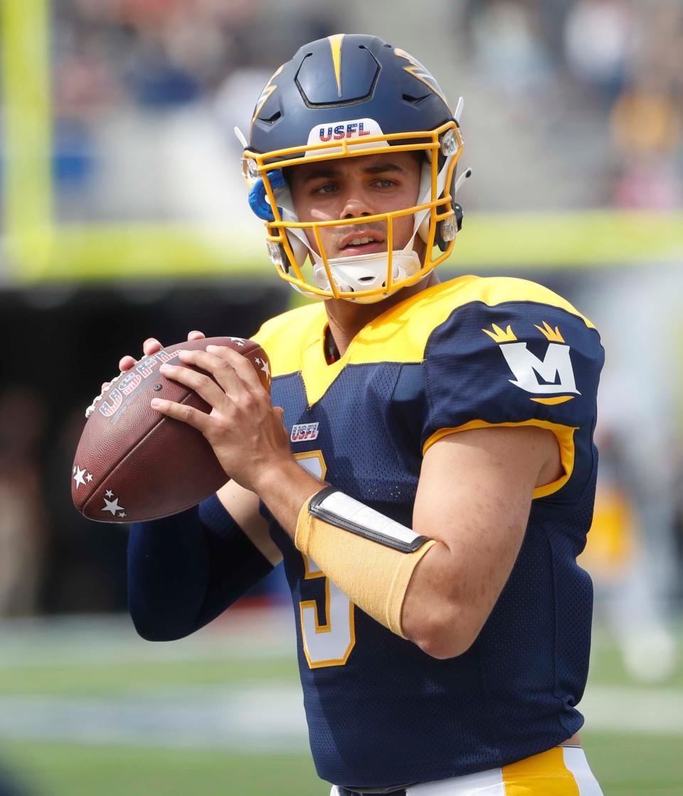 The Memphis Showboats quarterback Brady White (3) warms up on the sideline before they battle against the Philadelphia Stars at the Simmons Liberty Bank Stadium in Memphis.