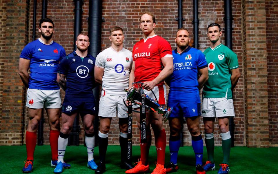 Six nations international rugby captains (L-R) France's captain Charles Ollivon, Scotland's captain Stuart Hogg, England's captain Owen Farrell, Wales' captain Alun Wyn Jones, Italy's captain Luca Bigi and Ireland's captain Jonathan Sexton pose with the trophy during the 6 Nations Rugby Union launch event in east London on January 22, 2020 - Scottish RFU chief executive says CVC will complete Six Nations deal by end of 2020 - GETTY IMAGES