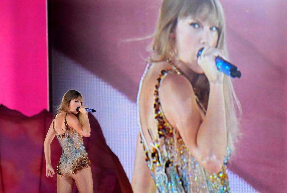 FILE - Taylor Swift performs during "The Eras Tour" in Los Angeles on Aug. 7, 2023. Swift is releasing her "Taylor Swift: The Eras Tour” concert film on Oct. 13. (AP Photo/Chris Pizzello, File) ORG XMIT: NYET122