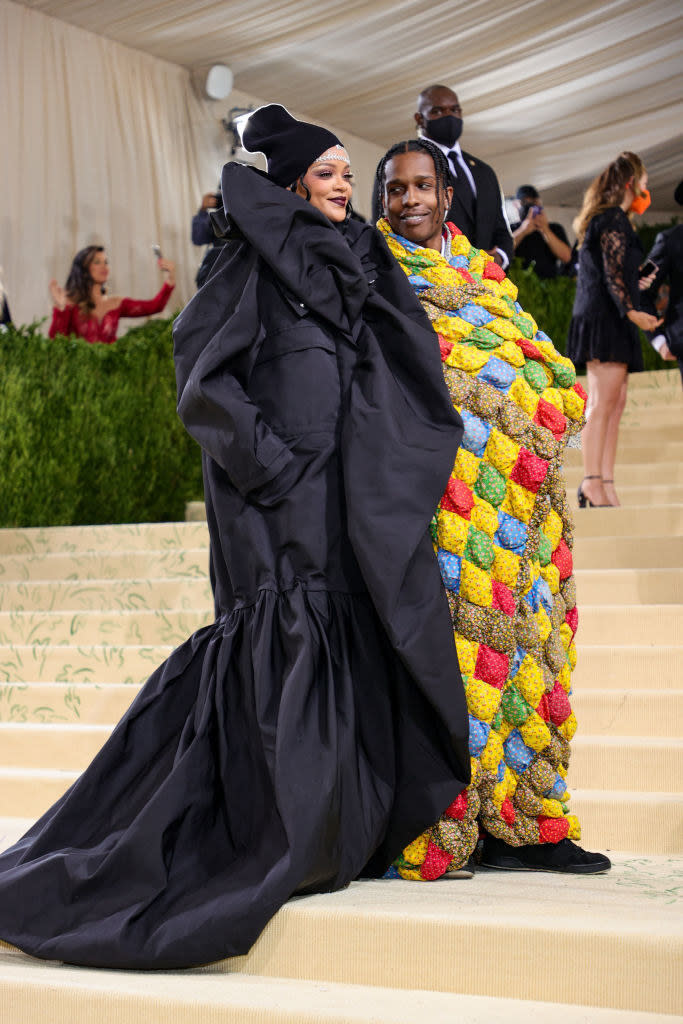 Rihanna and A$AP Rocky smiling at the MET Gala