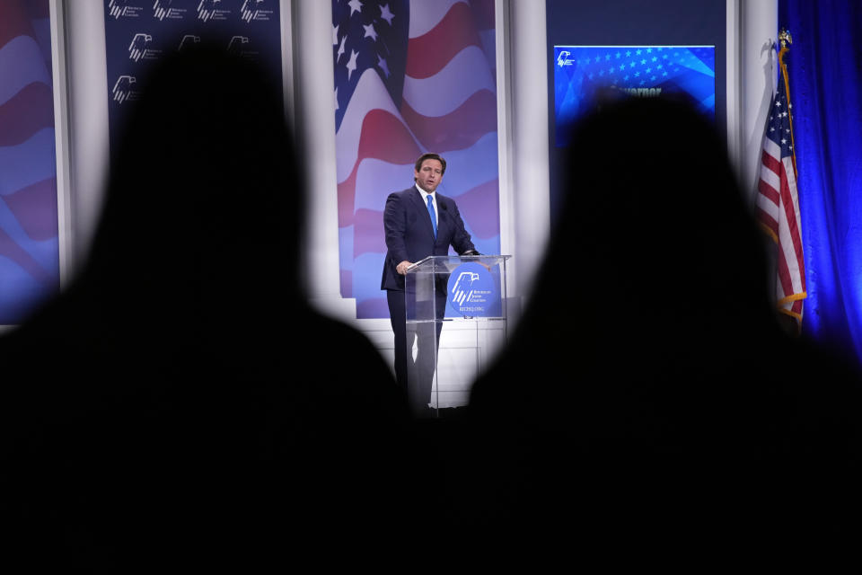 FILE - Florida Gov. Ron DeSantis speaks at an annual leadership meeting of the Republican Jewish Coalition, Nov. 19, 2022, in Las Vegas. DeSantis has emerged as a political star early in the 2024 presidential election season even as he ignores many conventions of modern politics. (AP Photo/John Locher, File)