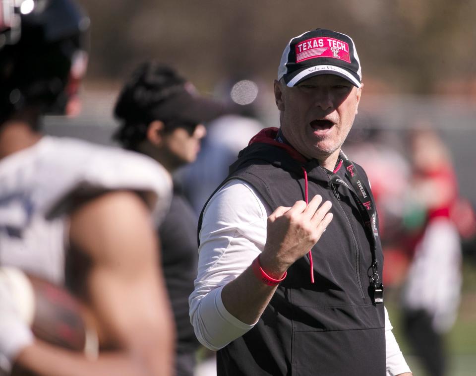 Texas Tech's head football coach Joey McGuire yells instructions during a spring football practice, Tuesday, March 19, 2024, at the Sports Performance Center.