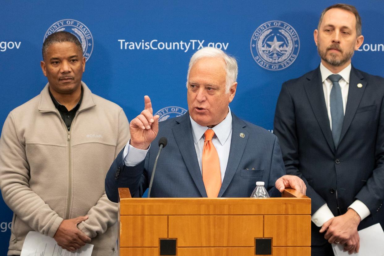 City of Austin Mayor Kirk Watson gives an update on the city's winter weather response during a press conference at the Travis County administrative building Tuesday, Jan. 16, 2024. Severe cold and winter weather are expected to remain in the area through Wednesday morning, with wind chills in the single digits for much of Central Texas.