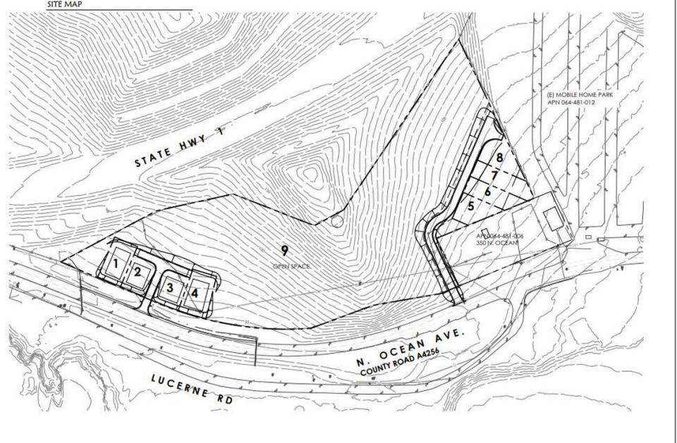 A development proposal calls for building eight homes between Highway 1, North Ocean Avenue and Bella Vista by the Sea mobile home park in Cayucos. The wedge-shaped combination of two parcels of land, currently vacant, is one of the first landward views motorists get when coming in from the north on the highway.