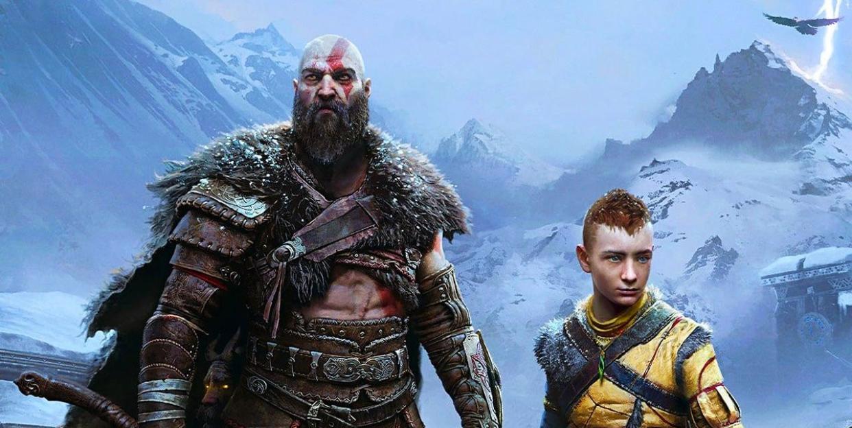 god of war ragnarok promo art with kratos and son atreus looking in different directions in front of an icy mountain range