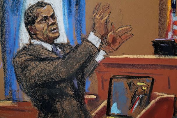 PHOTO: Joe Tacopina, lawyer of former U.S. President Donald Trump, makes opening statements during a civil trial in New York, April 25, 2023 in this courtroom sketch. (Jane Rosenberg/Reuters)