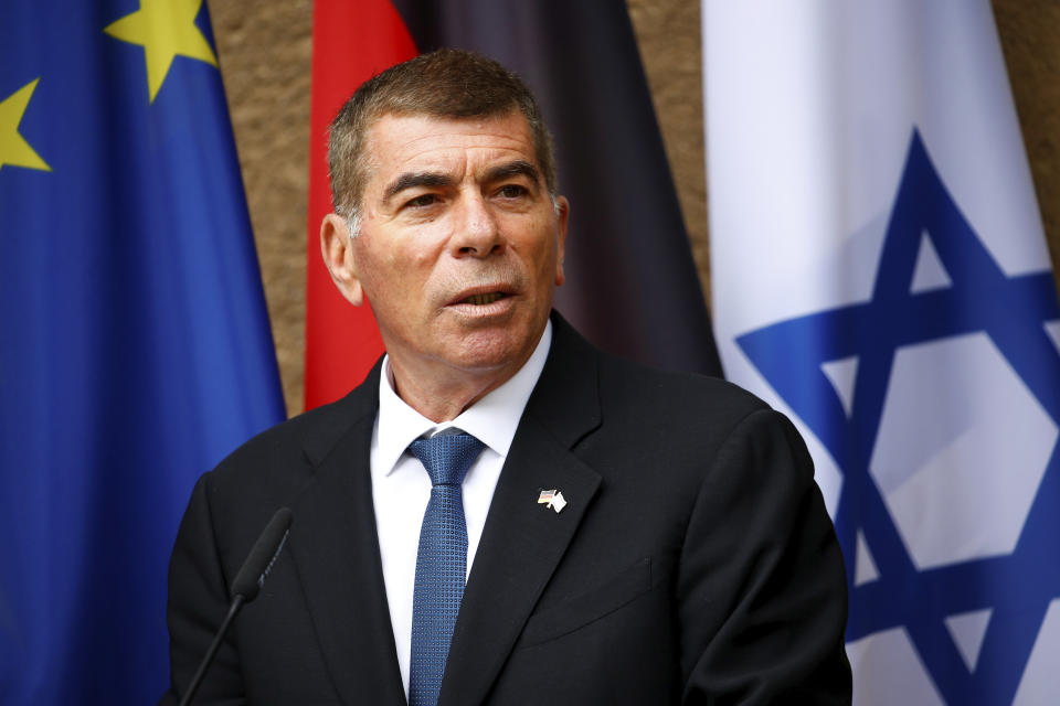 Israeli Foreign Minister Gabi Ashkenazi talks to the media at a news conference in front of the Liebermann Villa at the Wannsee lake in Berlin, Germany, August 27, 2020. (Michele Tantussi/Pool Photo via AP)