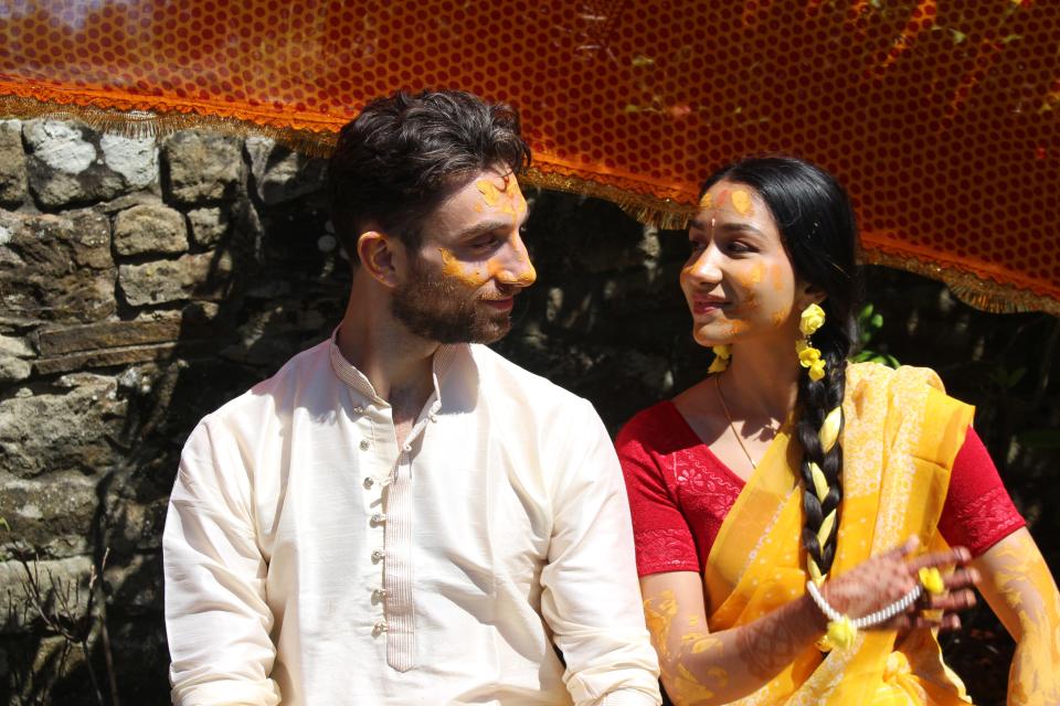 Alastair Spray and Angie Tiwari at their Haldi (turmeric) ceremony.