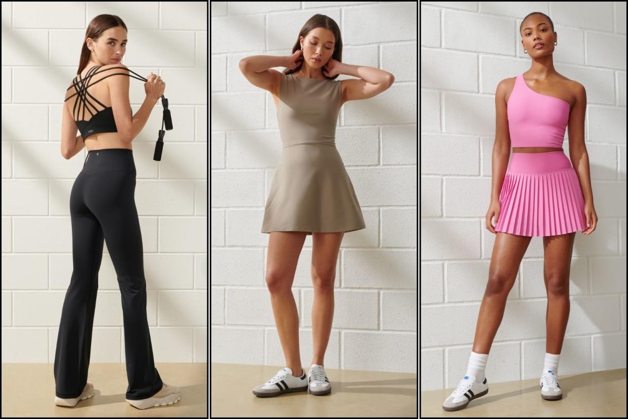 three models wearing abercrombie activewear, abercrombie active sale, abercrombie sale
