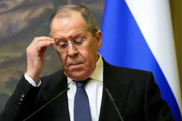 Russian Foreign Minister Sergei Lavrov attends a joint news conference following talks with his Armenian counterpart in Moscow, on April 8, 2022.