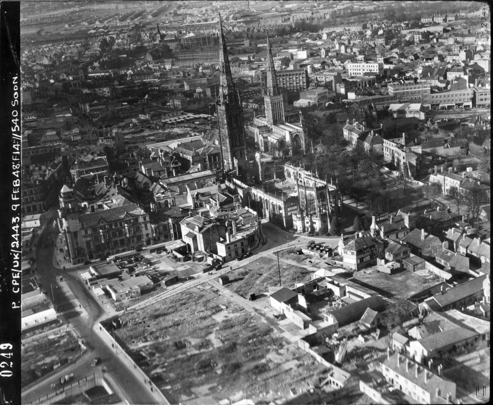 <p>This post-war view of Coventry taken in 1948 shows the effects of the blitz and acts as a reminder that bomb damage was a feature of many British towns and cities long after the war had ended (Historic England / SWNS)</p> 