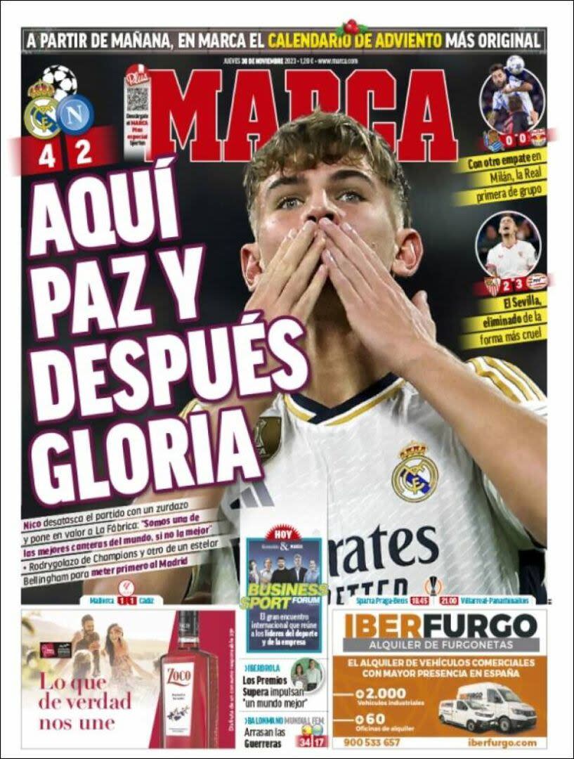 La portada del diario Marca que elogia a Nico Paz tras su primer gol con la camiseta de Real Madrid