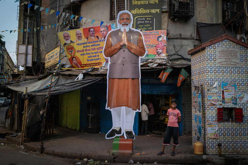 A cut-out depicting Indian Prime Minister Narendra Modi in the streets of Kolkata, in the state of West Bengal, on April 25, 2021. Voters in the state recently handed him a resounding defeat.<span class="copyright">Robin Tutenges—Hans Lucas/Redux</span>