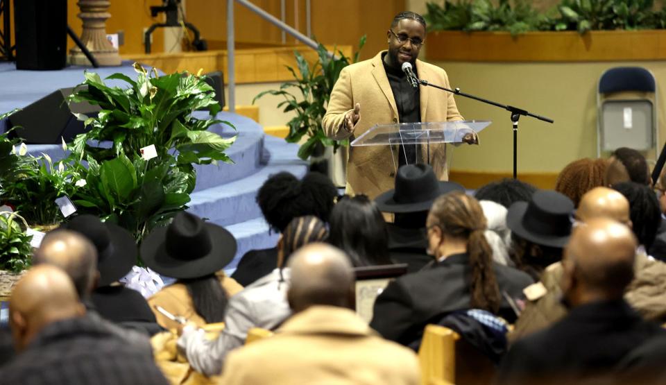 Chelson Strong, the son of Barrett Strong, a Motown singer and songwriter who died on Jan. 28, 2023 talks about his father during his funeral service at Greater Grace Temple in Detroit on Saturday, March 4, 2023.