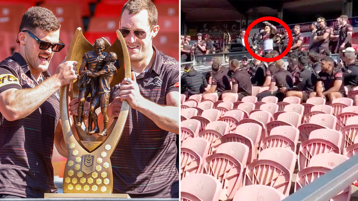 James Fisher-Harris, pictured here sledging the Eels during Penrith's grand final celebrations at BlueBet Stadium.