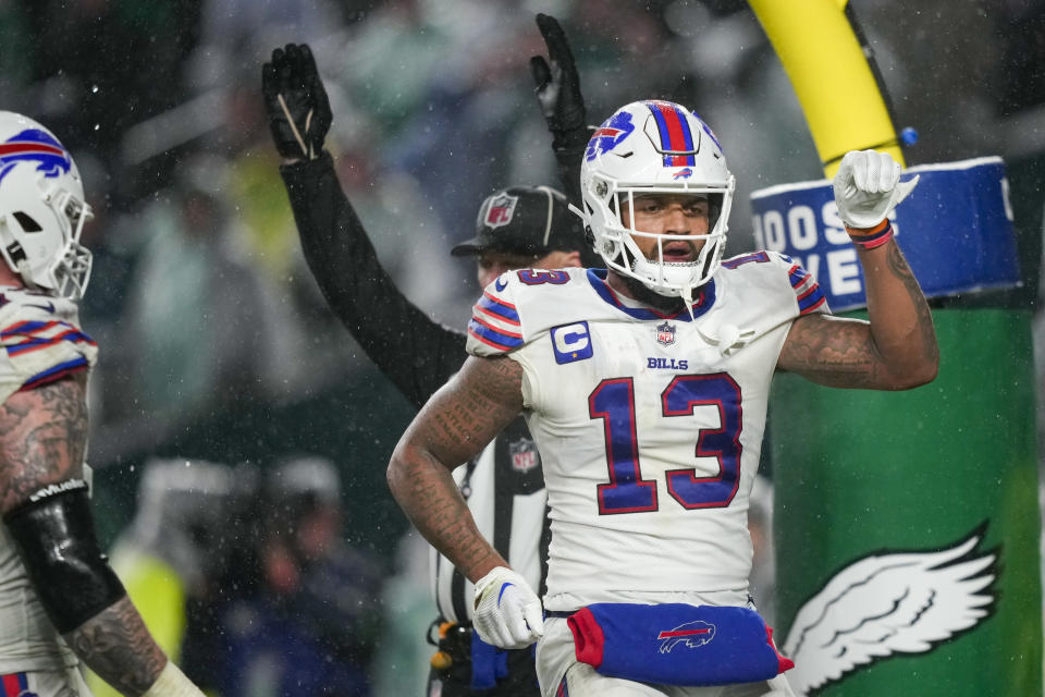 Buffalo Bills wide receiver Gabe Davis celebrates after scoring against the Philadelphia Eagles during the second half of an NFL football game Sunday, Nov. 26, 2023, in Philadelphia. (AP Photo/Matt Slocum)