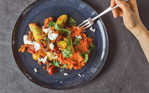 Sweet-potato mash with chipotle roasted leeks - Credit: Haarala Hamilton