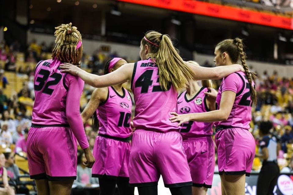 Missouri forward Hayley Frank (43) talks with her teammates during a game against Alabama on Feb. 5, 2023, at Mizzou Arena in Columbia, Mo.