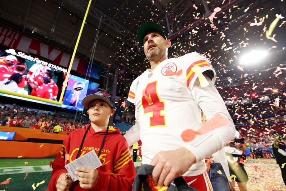 Chad Henne of the Kansas City Chiefs celebrates after defeating the Philadelphia Eagles 38-35 in Super Bowl LVII at State Farm Stadium on February 12, 2023 in Glendale, Arizona.