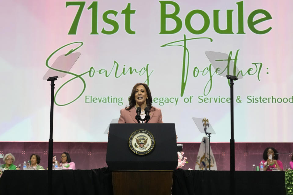 Vice President Kamala Harris speaks at the Alpha Kappa Alpha Sorority Inc. annual convention during the 71st biennial Boule at the Kay Bailey Hutchison Convention Center in Dallas, Wednesday, July 10, 2024. Vice President Harris has been a member of the sorority since she joined while a student at Howard University. (AP Photo/LM Otero)