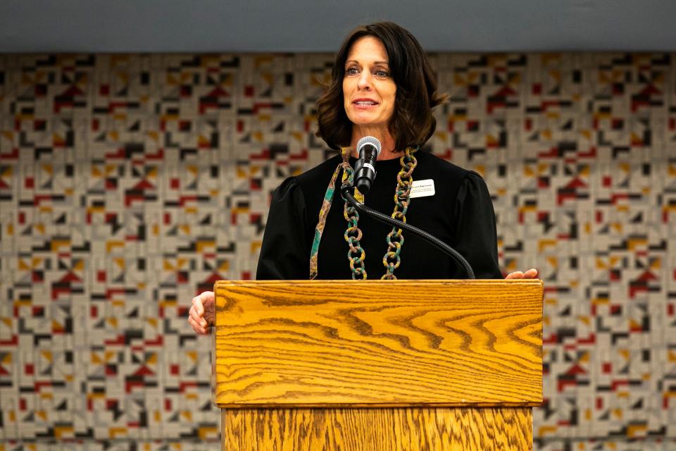 Susan Brennan, executive director of the ICCSD Foundation, speaks during the annual Education is Everybody's Business ICCSD Foundation event, Friday, April 22, 2022, at City High School in Iowa City, Iowa.